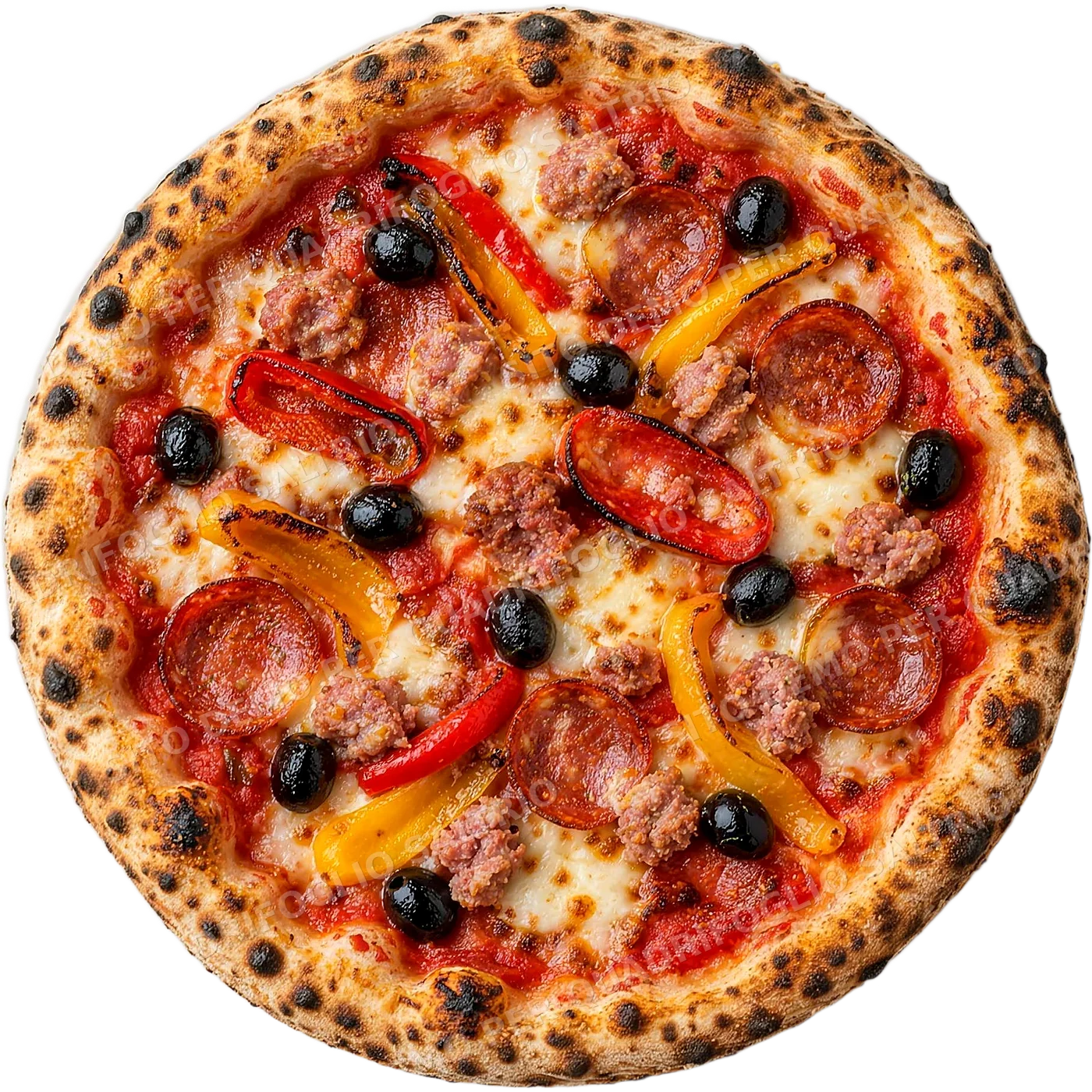 Pizza Contadina intera vista dall'alto: salsiccia, salame piccante, peperoni, olive nere
